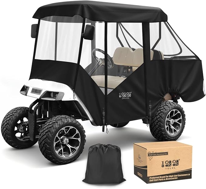 10L0L 2/4 Passenger Golf Cart Driving Enclosure for EZGO TXT/RXV Model, 4-Sided Clear Window 600D Rain Cover All Weather Windproof Waterproof - Black/Beige