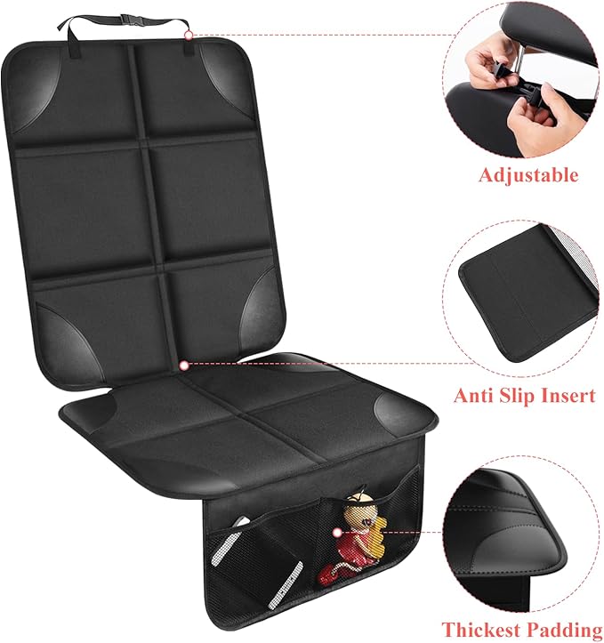 Car Seat Protector for Child, Thick Padding Seat Protector Under Baby, 600D Waterproof Non-Slip Fabric for Child and Pet with Pockets (Black 2 pcs)