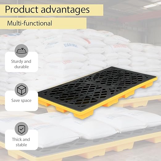2 Drum Modular Platform Spill Containment Trays with Drain Outlet Forklift Pockets 48x24x4 Heavy Duty 2000lbs Capacity Stackable Leakproof Containment Tray for Garage, Workshop, Industrial Storage