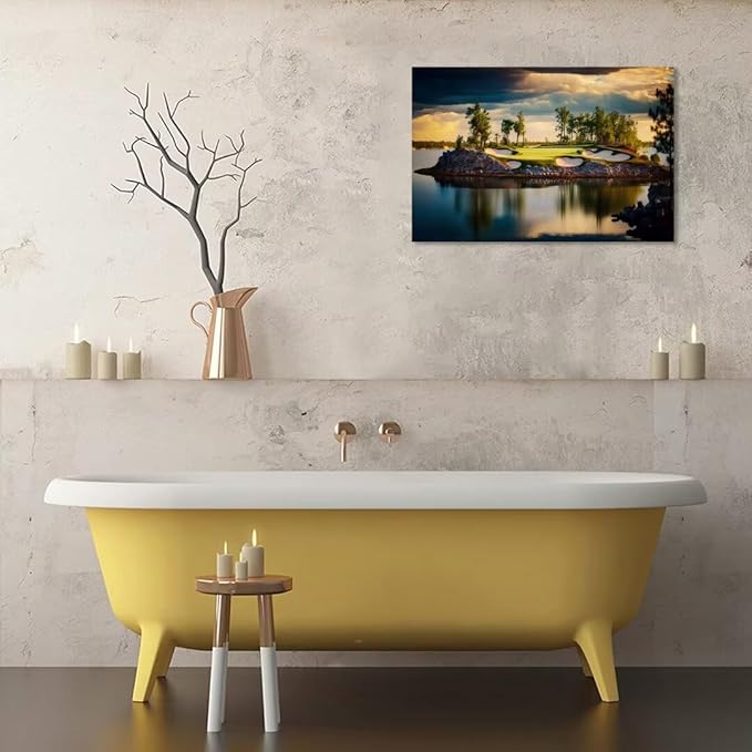 chenchenArt Sunset Landscape Golf Course Wall Art Picture Golf Course Wall Decor for Living Room Bedroom Bathroom Home Decorations Canvas Prints Framed Ready to Hang(24''H x 36''W)
