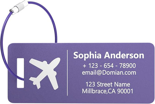 10 Personalized Metal Luggage Tags, Custom Suitcase Aluminum Name Tags with Steel Ring, Laser Engraved Name and Logo, for Travel, Backpack, Baggage, Golf Bag (Purple)