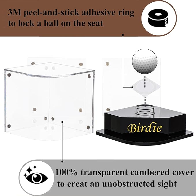 Golf Ball Display Case for Birdie. Black Ball Throne with Golden Stamp. 2X Background Frames on Each Side of Cambered Cover. Pencil Holder, Adhesive Dots are All Included, No Assembly