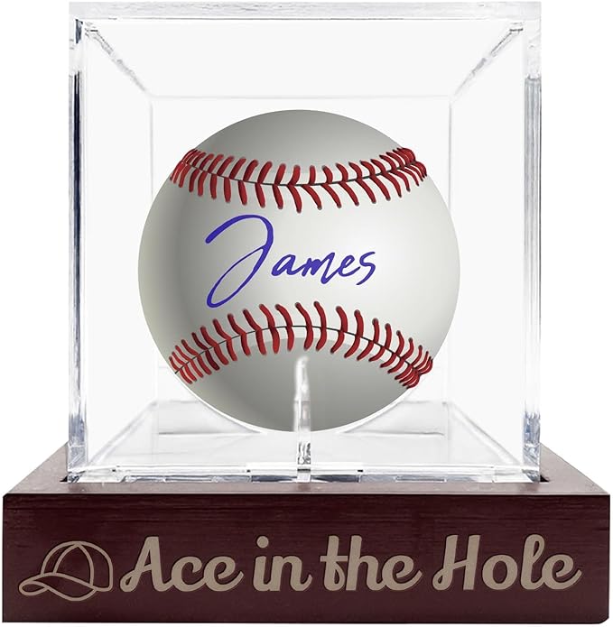Personalized Engraved Baseball Display Case with Unique Pattern- Custom Wooden Individual Baseball Holder Box with UV Protected Clear Acrylic Cube, Wood Memorabilia Display Protecter for Collector Fan