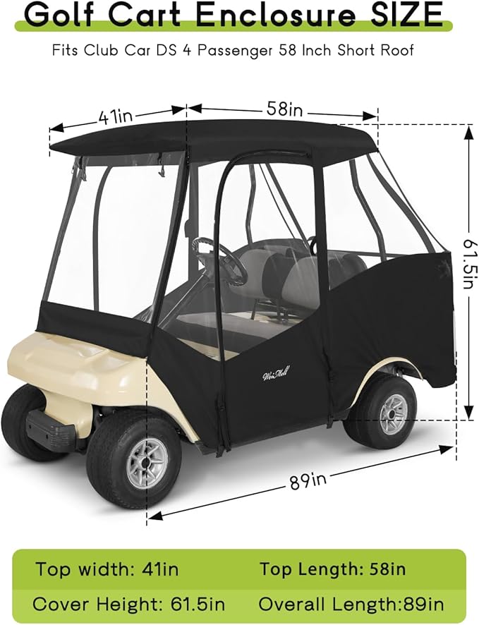 Golf Cart Enclosure 4 Passenger for Club Car DS 4-Seater 2+2 Short Roof Winter Waterproof Windproof Driving Rain Cover with 4-Sided Clear Windows Mirror Zipper Roll-up Door Black