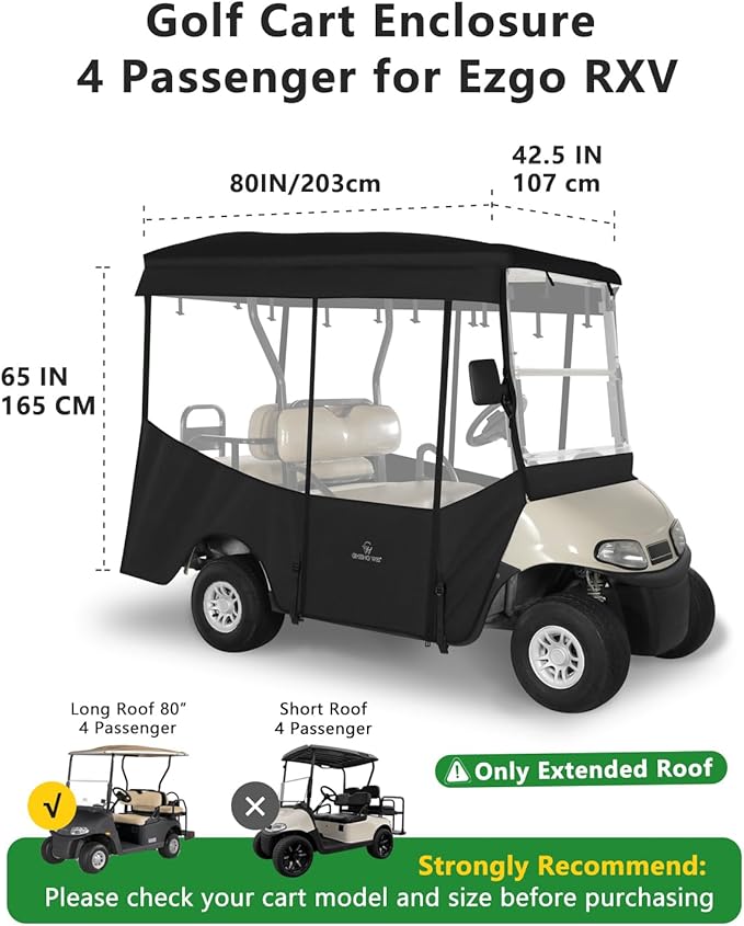 Golf Cart Enclosures 4 Passenger 80“ Extended Roof for Ezgo RXV,600D Clear Rain Cover Driving Enclosure 4 Seater,Full Roll Up 4 Sided Transparent Windows&Door Heavy Duty Zipper,Side Mirrors Openings