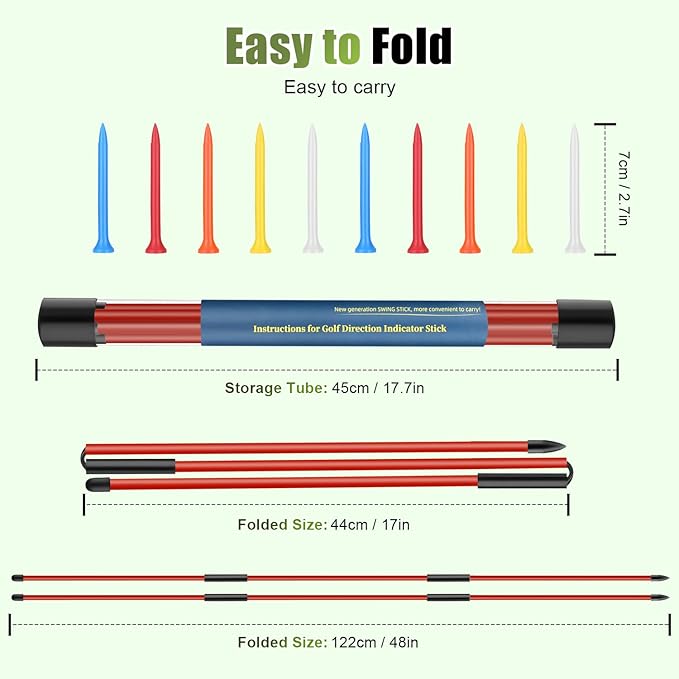 Golf Alignment Sticks 2 Pack, 48″Collapsible Practice Rods for Aiming/Putting, Golf Training Aid for Swing Trainer with Clear Tube Case, Foldable Training Rods with 10 Golf Tees