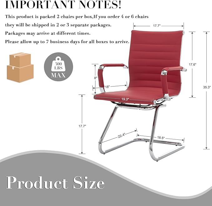 CIMOTA Waiting Room Chairs Leather Office Guest Chair Mid Back Reception Chairs with Sled Base for Meeting/Patient/Conference Room, Red Set of 2