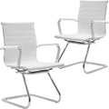 CIMOTA Waiting Room Chairs Leather Office Guest Chair Mid Back Reception Chairs with Sled Base for Meeting/Patient/Conference Room, White Set of 2