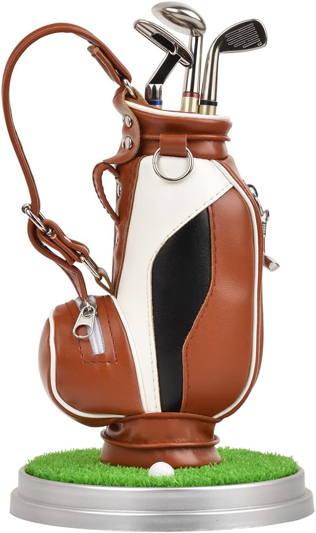 Leather golf pen holder with three golf club pen for writing, suitable for desk decoration, golf cake decoration, unique gift for men Boss Dad golfer colleagues, interesting and novel birthday gift