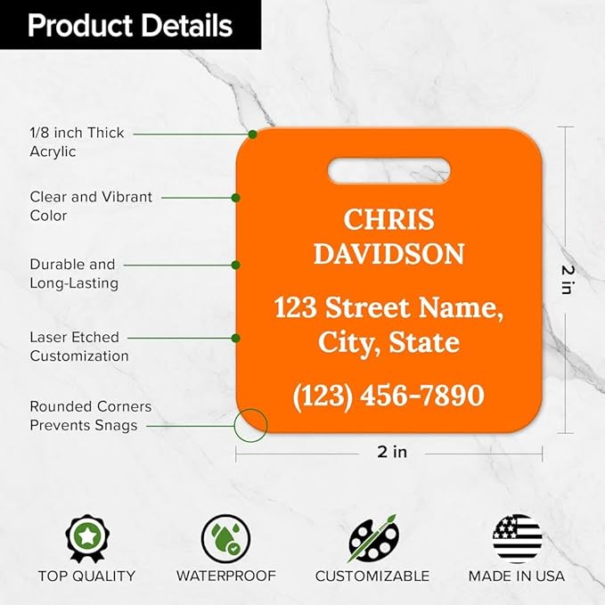 Custom Luggage Tags, Personalized Name Address for Suitcases,Backpack, Handbag, Travel Equipment Tag, 2x2 Inches, Acrylic Heavy Duty Made in The USA by My Sign Center-Orange