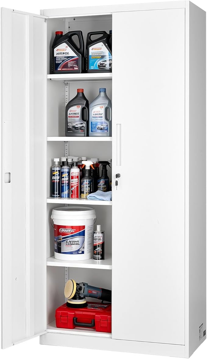 VEVOR Metal Storage Cabinet, Lockable Steel Garage Cabinet with Adjustable Shelves, 2 Magnetic Doors, 2 Keys, 5-Tiers Tool Storage Locker for Home,Office,School,Pantry,Warehouse,Basement,Laundry,White
