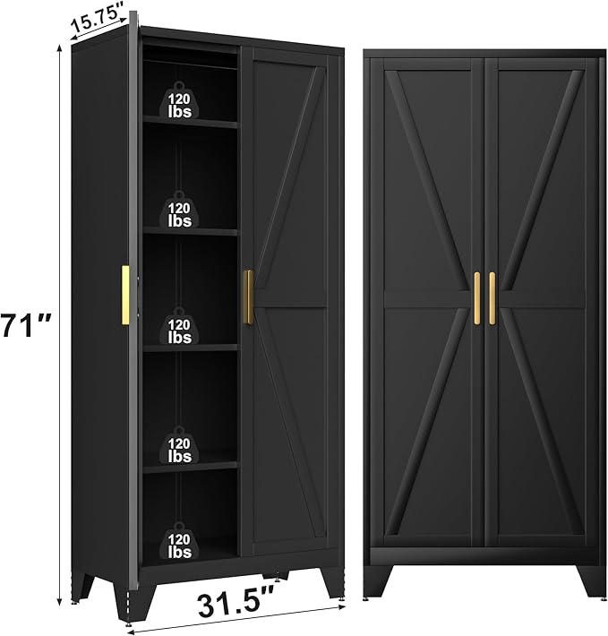 71H Tall Metal Storage Cabinet with 2 Doors and Adjustable Shelves,Farmhouse Storage Cabinet with Barn Doors,Pantry Storage for Home,Office,Bathroom,Dining Room,Kitchen(Black)