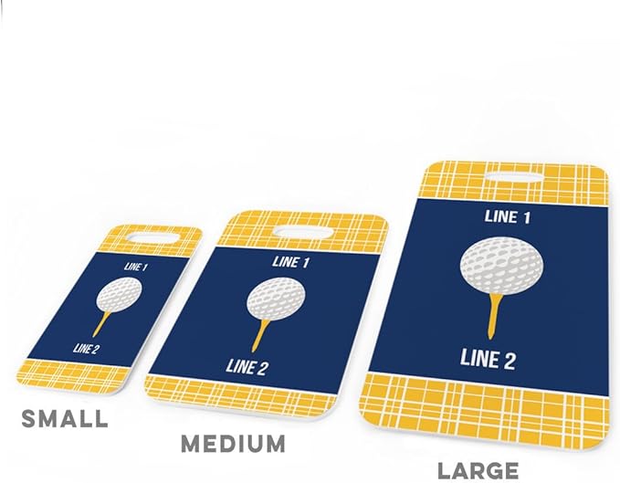 ChalkTalkSPORTS Golf Luggage & Bag Tag | Personalized Team with Golf Ball | Standard Lines on Back | Small | Gold/Navy