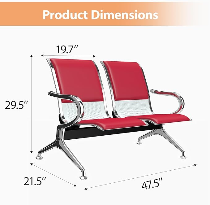 Kinfant 4-Seat Waiting Room Chairs with Arms – Heavy-Duty Steel Frame PU Leather Back & Cushioned Seat, Ergonomic Office Reception Guest Chair for Lobby, Clinic, Airport, Red