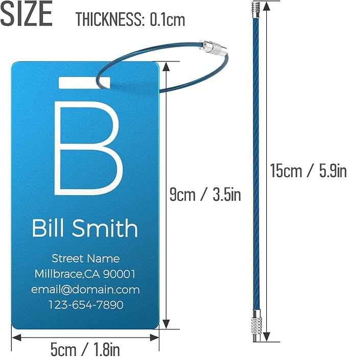Personalized Metal Luggage Tags, Custom Suitcase Aluminum Name Tags with 5.9in Steel Ring, Laser Engraved Text and Logo, for Travel Gift, Baggage, Golf Bag (Blue)