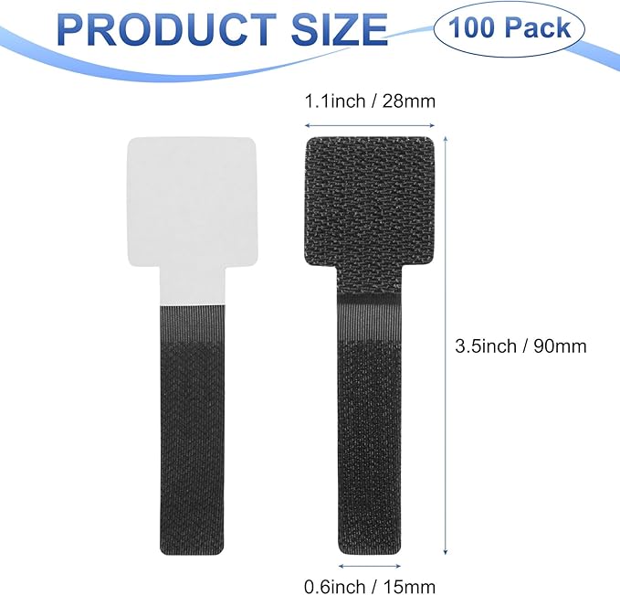 100-Pack Hook and Loop Cable Ties, 3.5 x 1.1 Inch Adjustable Self-Adhesive Cord Organizer for Desk/Home/Wall/Office Essentials, Cable Management Under Desk [Black]