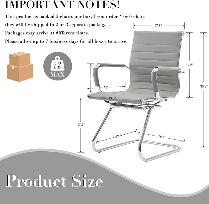 CIMOTA Waiting Room Chairs Leather Office Guest Chair Mid Back Reception Chairs with Sled Base for Meeting/Patient/Conference Room, Grey Set of 2