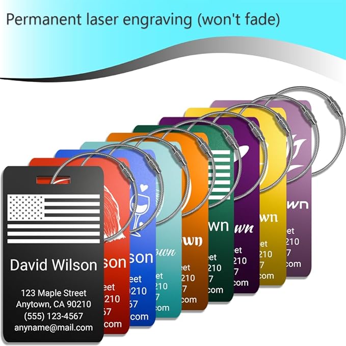 Personalized Luggage Tags for Suitcases 4 Pack – Custom Metal Name Tag for Travel, Golf Bag, and Baggage – Durable Aluminum Luggage Name Tags (Adventure Collection, Red)