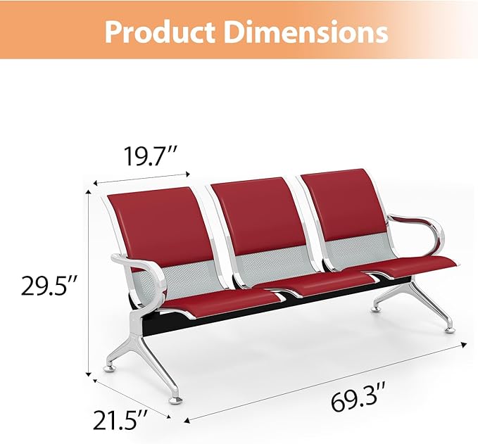 Kinfant Red 6-Seat Waiting Room Chairs with Arms – Heavy-Duty Steel Frame PU Leather Back & Cushioned Seat, Ergonomic Office Reception Guest Chair for Lobby, Clinic, Airport