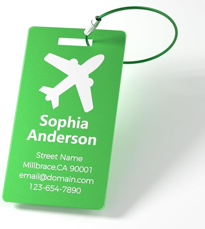 4 Personalized Metal Luggage Tags for Suitcase, Laser Engraved with Text and Logo, Custom Aluminum Name Tags with Stainless Steel Ring, for Travel, Golf Bag, and Baggage (Black)