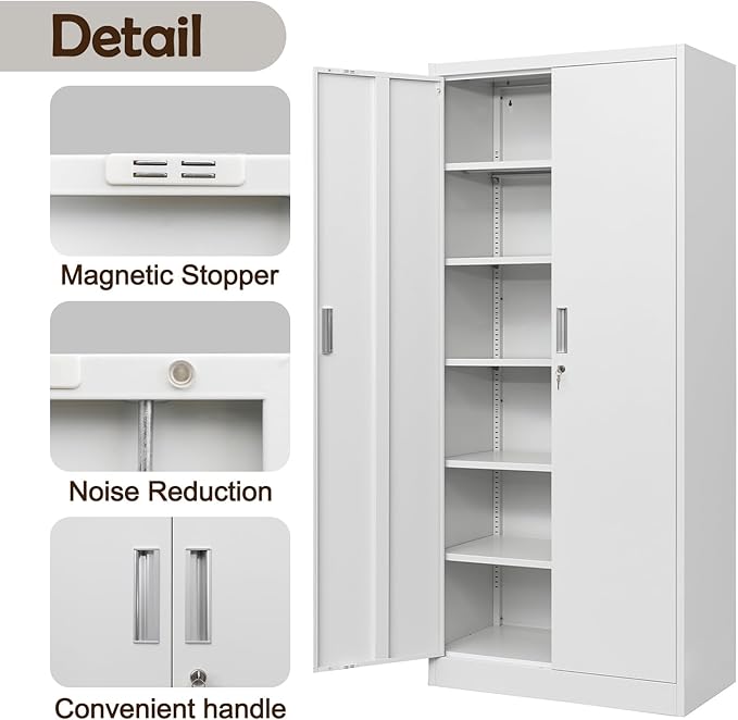 CJF Metal Storage Cabinets with 5 Adjustable Shelves, 71" H Locking Storage Cabinet for Garage, Office, School - White