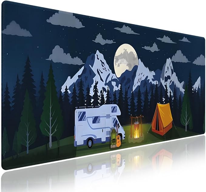 Wknoon. Extra Large Gaming & Office Mouse Pad (31.5" x 11.8") with Durable Stitched Edges – RV Camping Area in The Woods with a Cozy Tent and Campfire Outdoors Activity Themed, Anti-Slip XXL Desk Mat