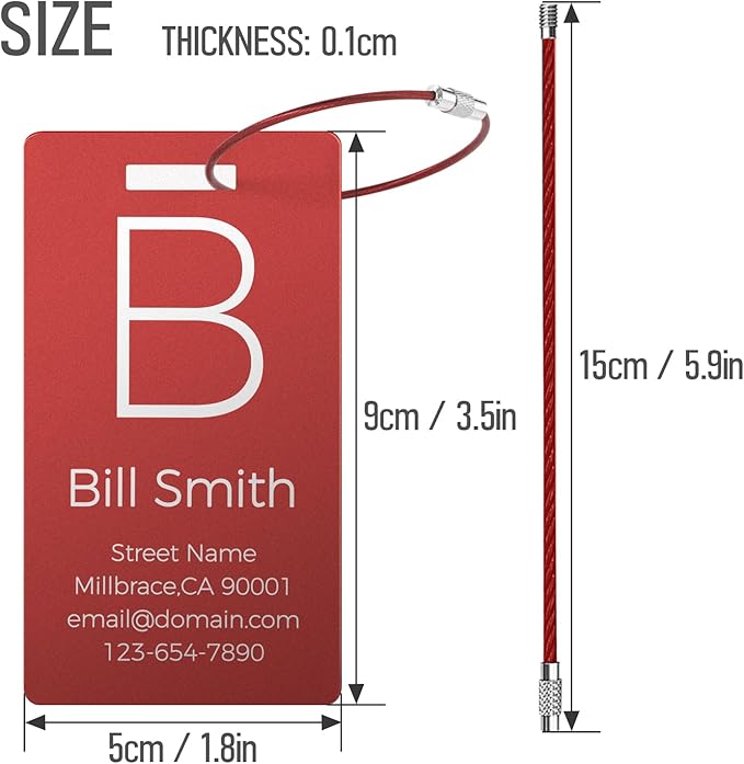 4 Personalized Metal Luggage Tags for Suitcase, Laser Engraved with Text and Logo, Custom Aluminum Name Tags with Stainless Steel Ring, for Travel, Golf Bag, and Baggage (Red)