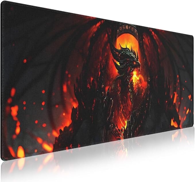 Extended XXL Gaming Mouse Pad with Stitched Edges for PC Home & Office 31.5 x 11.8 inches - Abstract Dragon of Flames and Shadows Design, Smooth Fabric Surface Anti-Slip Rubber Base Large Desk Mat