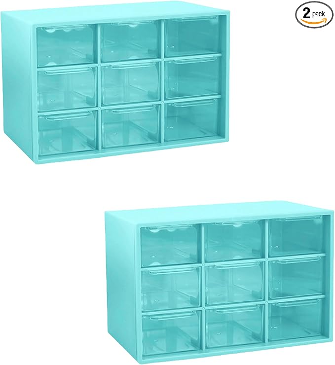 Feadily 2PCS Small Drawer Organizer for Desk, Desktop Drawer Organizer with 9 Clear Drawers, Plastic Desktop Storage Drawers 7.1 Inch x 3 .9 Inch x 4.7 Inch, Green