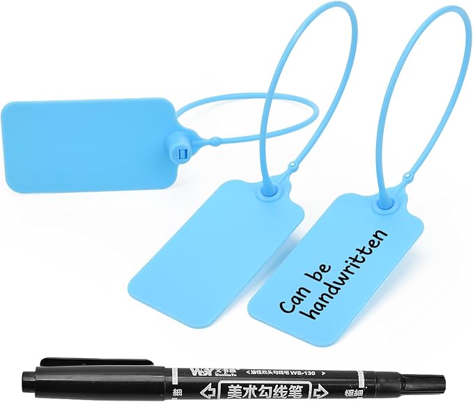 50pcs Luggage Tags Plastic Seals Shipping Label Logistics Sign Tie Bag Tag, Sealing Storage Multi Purpose Name ID Tag with Marker for Suitcases, Backpack, Schoolbag, Car Key (Blue)