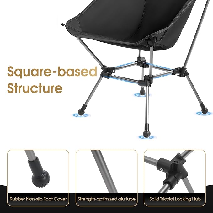 Portable Camping Chair Plus, Larger & Roomier, Compact and Lightweight, Folding Chair for Backpacking & Hiking, 330Lbs Capacity, Black
