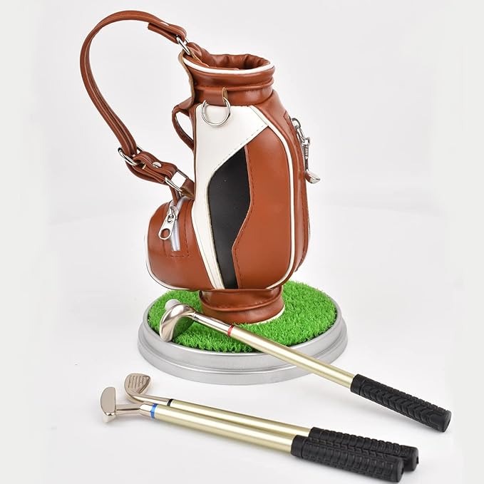Leather golf pen holder with three golf club pen for writing, suitable for desk decoration, golf cake decoration, unique gift for men Boss Dad golfer colleagues, interesting and novel birthday gift