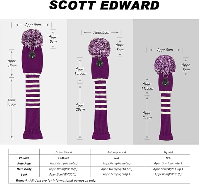 Scott Edward 1/3/4PCS Multi-Style Optional Individualized Knit Golf Club Head Covers, Driver Wood(460cc) Fairway Wood and Hybrid(UT)，for Male/Female Golfers,Custom