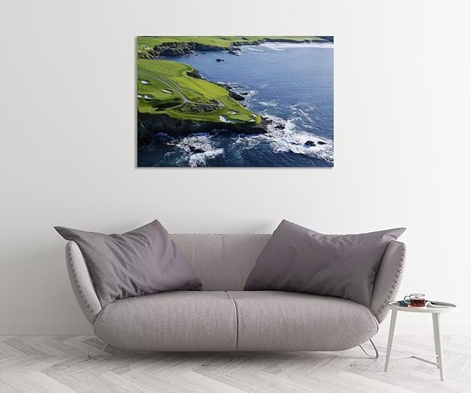 Pebble Beach Golf Course Canvas Wall Art for Living Room Bedroom Bathrooom Home Decorations California Coastal Golf Course Picture Poster Framed Artwork Ready to Hang(18''H x 24''W)