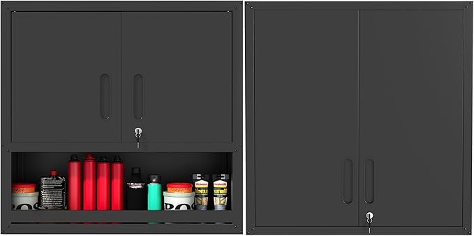 Metal Tool Cabinet,Garage Storage Cabinet System,Wall Cabinet & Locking Rolling Tool Cabinet with Doors and Adjustable Shelves,Steel Tool Cabinets for Home (2 Pcs-StyleA, Black)