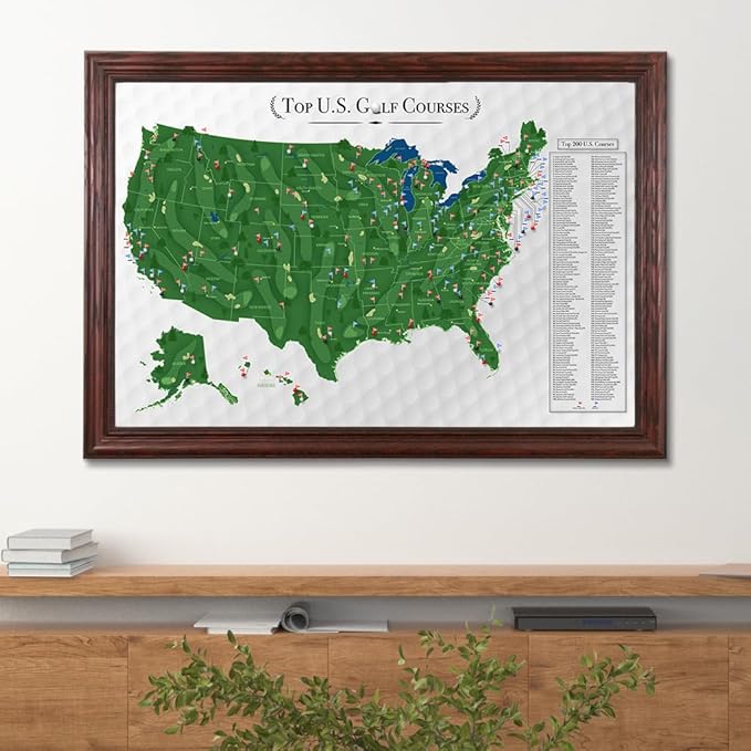 Push Pin Travel Maps Customizable Wall Art - Top Golf Courses USA Map - Solid Wood Cherry - Framed Pin Map, Includes 150 Pins - Handcrafted in USA - 27.5" x 39.5"