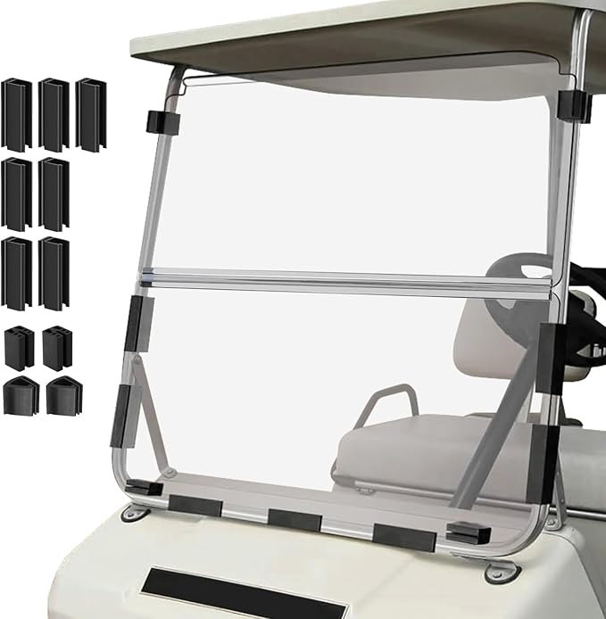 Golf Cart Foldable Windshield 3/16" (5MM) Only Fits 1982-2000 Club Car DS 1"×1" Struts Upper and Down Straight Rail, Folding Acrylic Replacement - Clear (Not Fit Top Tapered Rail Style)