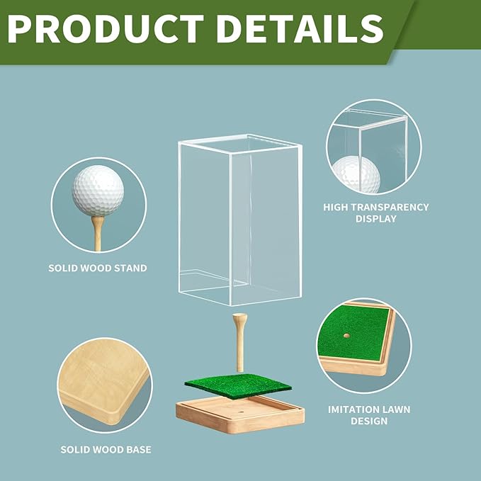 Custom Golf Ball Display Case – Single Golf Ball Holder Stand with Clear Acrylic Cover, Wood Base & Grass Pad – Hole-in-One Golf Gift for Men, Dad, Coach, Golfer (Customized, 4.9x3x2.9 inch)