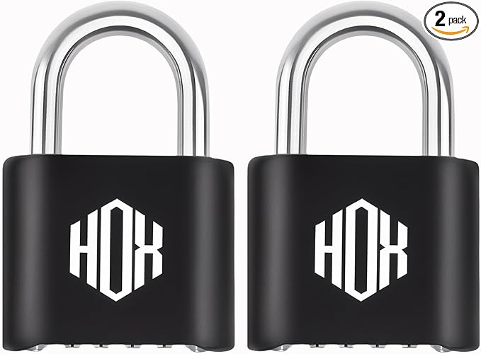 HOX 4 Digit Combination Lock, Outdoor Padlock - Heavy Duty Locker Lock with Hardened Steel Shackle, Waterproof Combo Lock for Gym Locker, Hasp Storage, Shed, Fence (Black, 2 Pack)