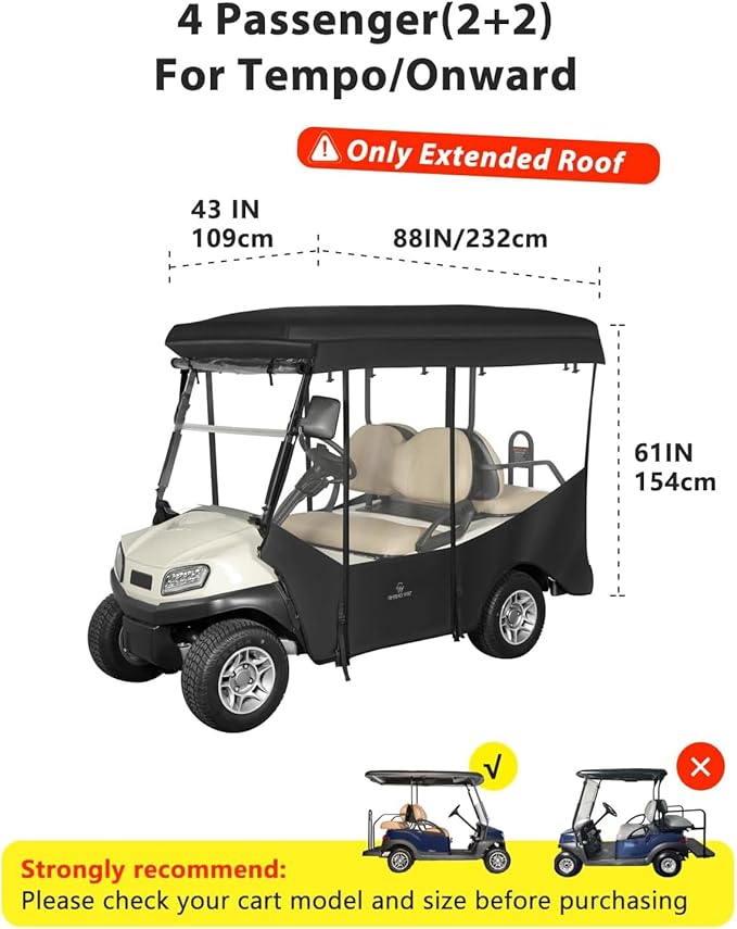 Golf Cart Enclosure 4 Passenger Extended Roof 88 inch for Club Car Tempo Onward,600D Clear Rain Cover Driving Enclosures,Full Roll Up 4 Sided Transparent Windows&Door Side Mirrors Openings
