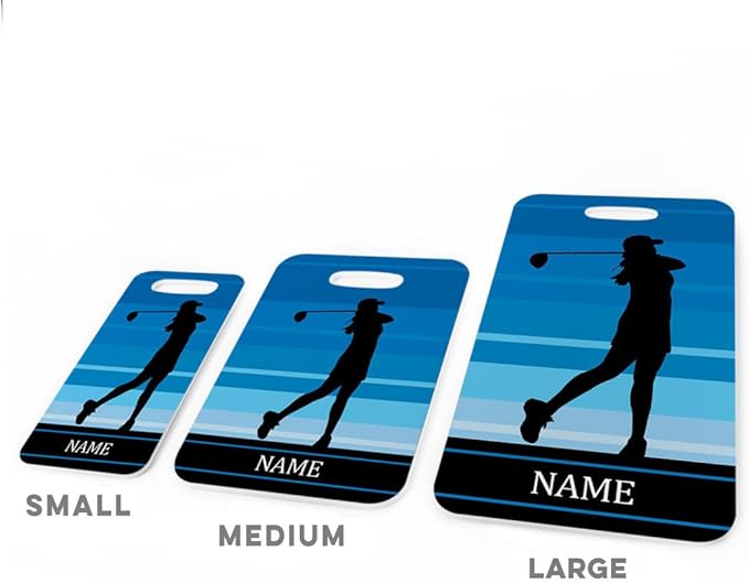 ChalkTalkSPORTS Golf Luggage & Bag Tag | Personalized Female Golfer | Standard Lines on Back | Medium | Blue
