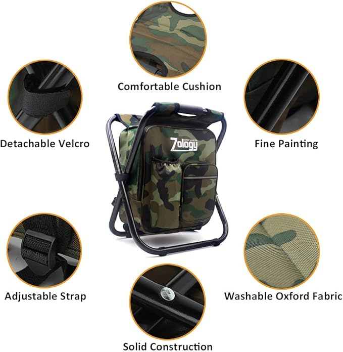 Folding Camping Chair Stool Backpack with Cooler Insulated Picnic Bag, Hiking Camouflage Seat Table Bag Camping Gear, Outdoor Fishing Hunting Gifts for Men