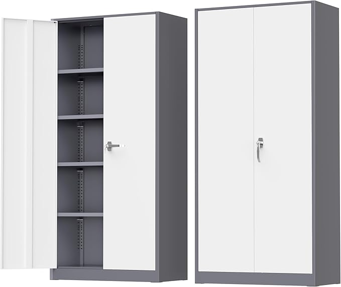 Greenvelly Metal Storage Cabinet with Doors and Shelves, 72'-Inch Locking Metal Cabinet for Garage, Office, School, Warehouse (White Gray)