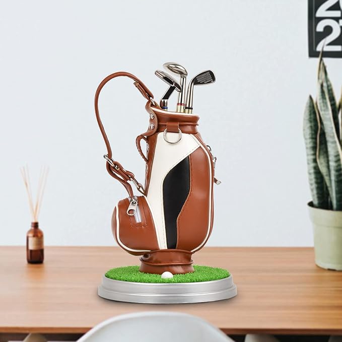 Leather golf pen holder with three golf club pen for writing, suitable for desk decoration, golf cake decoration, unique gift for men Boss Dad golfer colleagues, interesting and novel birthday gift