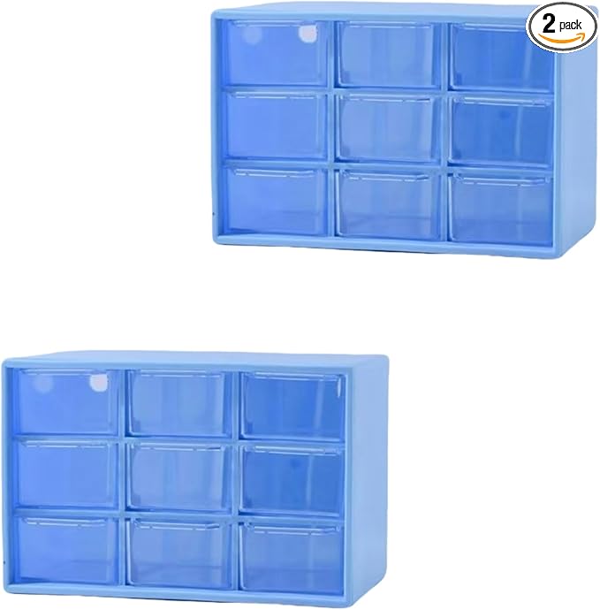 Feadily 2PCS Small Drawer Organizer for Desk, Desktop Drawer Organizer with 9 Clear Drawers, Plastic Desktop Storage Drawers 7.1 Inch x 3 .9 Inch x 4.7 Inch, Blue