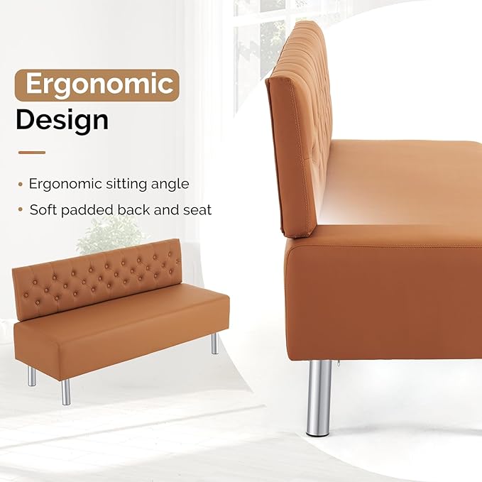 OmySalon Waiting Room Bench with Back, 58.6’’ Office Guest Chair Upholstered Reception Seating, Lobby Furniture for Beauty Salon Barbershop Airport Bank Hall Room Conference, Button Tufted, Brown