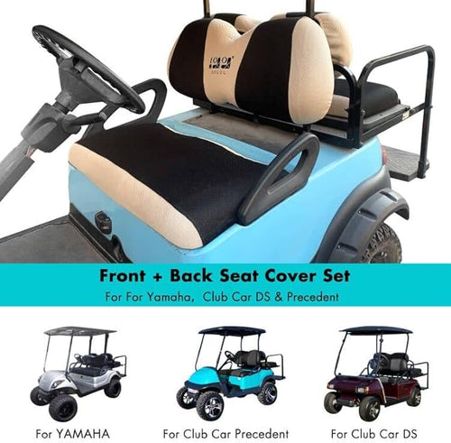 10L0L Golf Cart Front and Rear Seat Cover Set for Club Car DS/Precedent/Onward/Tempo & Yamaha G29 /Drive 2,Stylish 4 Passenger Front Back Seat Covers,Breathable Washable Polyester Mesh (Black/Beige)