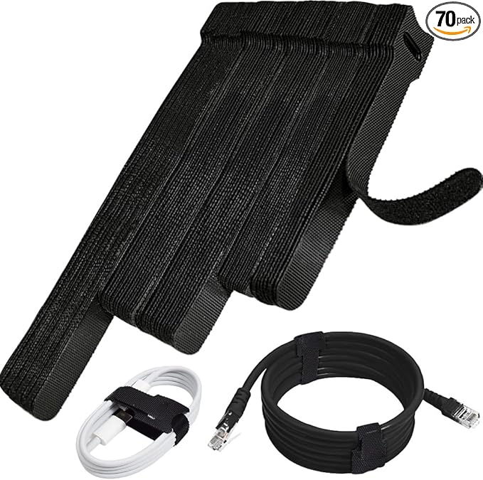 70pcs Cable Ties Reusable Black Wire Ties Cable Management Cord Ties Reusable for Electronics Hook and Loop Cable Ties for Computer 4 6 8 Inch