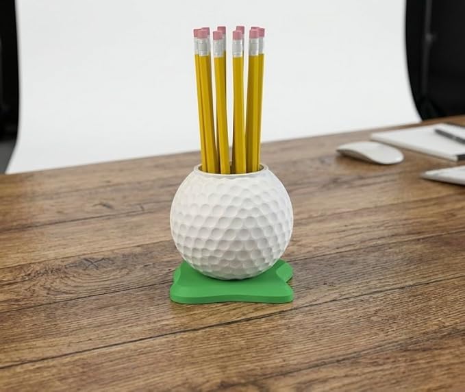 Golf Ball Pen Holder Desk Organizer, White with Green Base – Golf Gift for Office, Home, Golf Lovers.