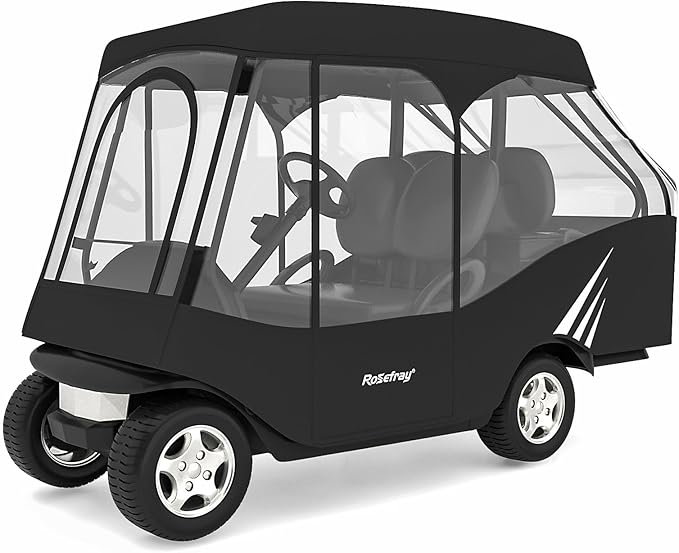 Rosefray Golf Cart Enclosure, 2+2 Drivable Rain Cover, Short Roof 58" - EZGO, Club Car - Durable Door Zipper - 4 Seater Golf Cart Cover Glowing at Night